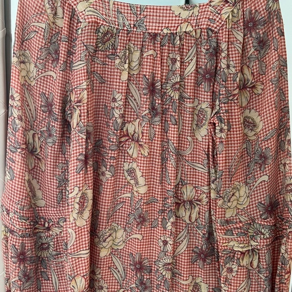 LC Lauren Conrad Square Neck Ling Sleeve Elastic Cuff Pink Gingham Floral Top S - Picture 2 of 7